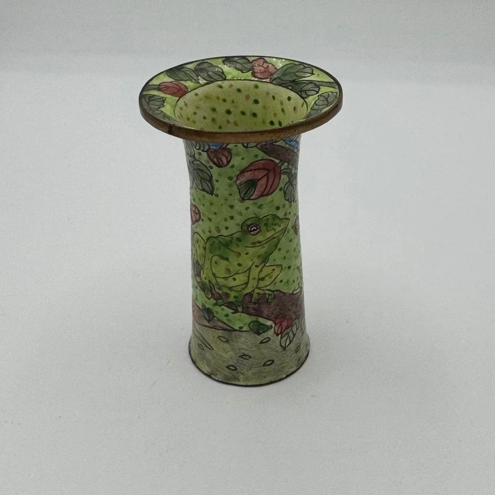Empress Arts 1997 Miniature Cloisonne Enamel Frog Vase Green Floral Collectible